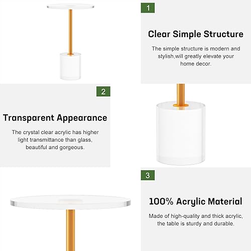 Miniatura 45 de Mesa auxiliar de acrílico transparente, mesa auxiliar gruesa con metal de latón cepillado, mesita de noche transparente, mesas de bebidas para sala