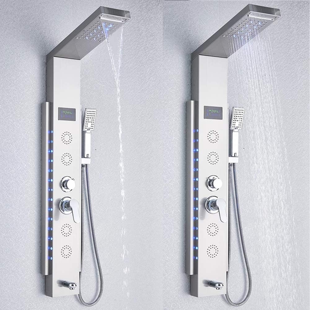 Shower Panel System with LED Digital Display, Luxury Stainless Steel Shower Panel Tower with Rain Shower Head, Handheld Sprayer, Massage Body Jets, Tub Spout, Easy to Install,Black