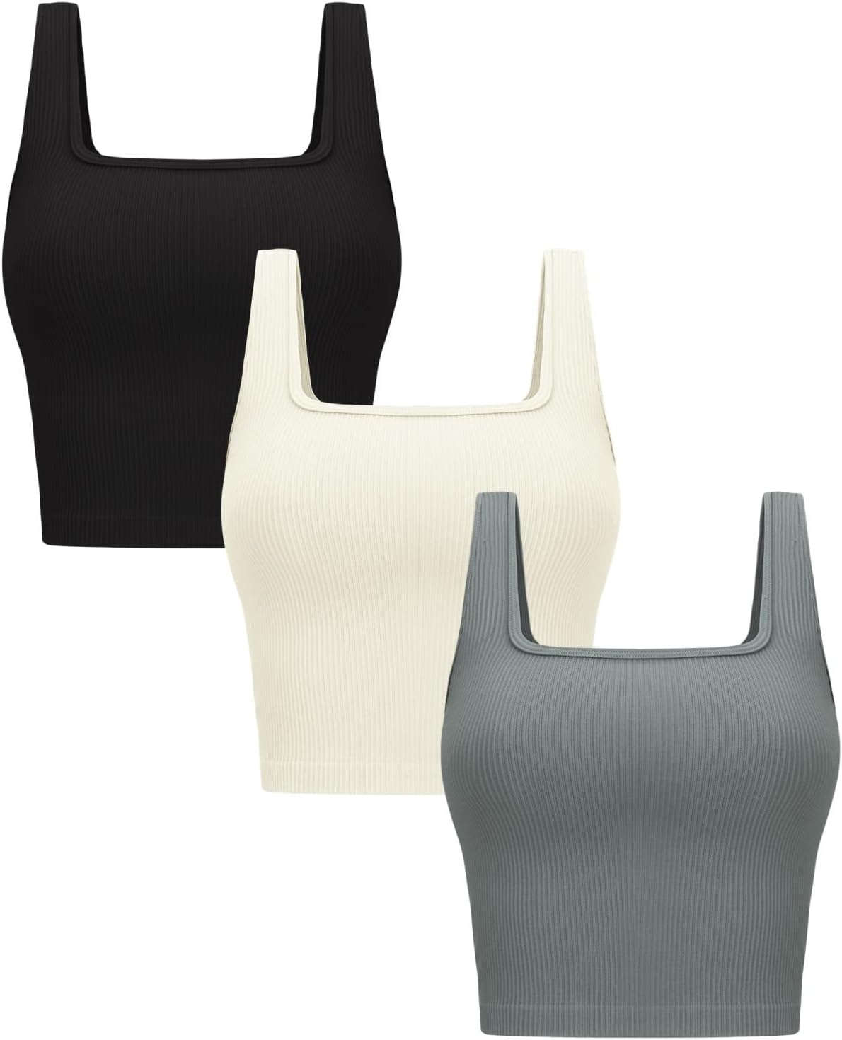 Womens 3 Pack Crop Tank Tops Basic Seamless Ribbed Sleeveless Square Neck Workout Top Summer Exercise Yoga Gym Shirts
