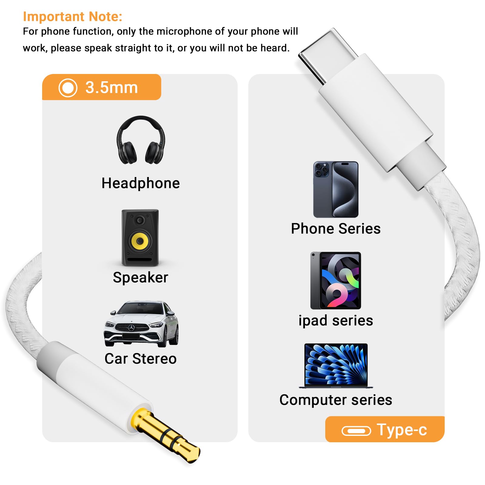 Câble auxiliaire vers USB C, USB C vers jack audio auxiliaire de 3,5 mm, câble stéréo de voiture de type C vers casque de voiture compatible avec iPhone 16 15 Plus/Max, Samsung Galaxy S24 S23