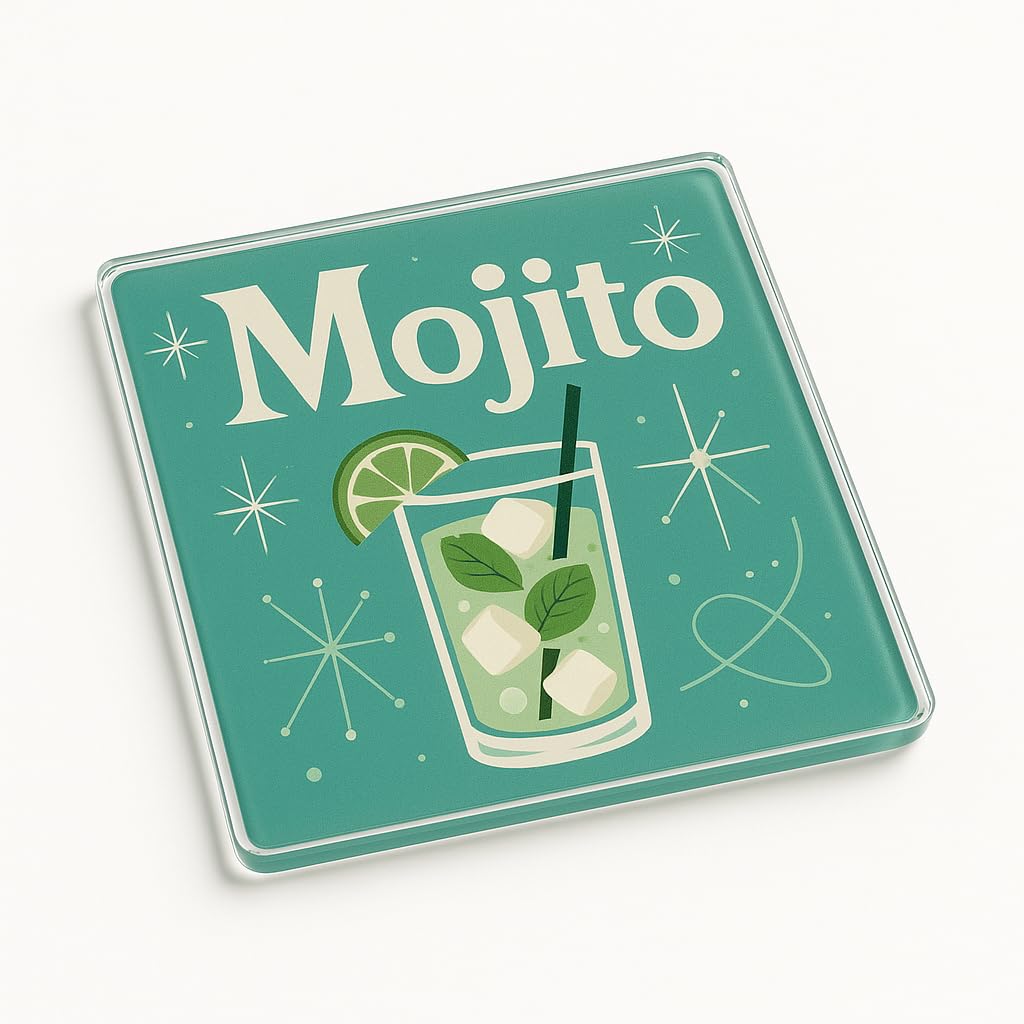 Classic Cocktail Acrylic Coaster Gift - Mid-Century Modern Mojito Design Retro Style Home Bar Decor for Cocktail Lovers