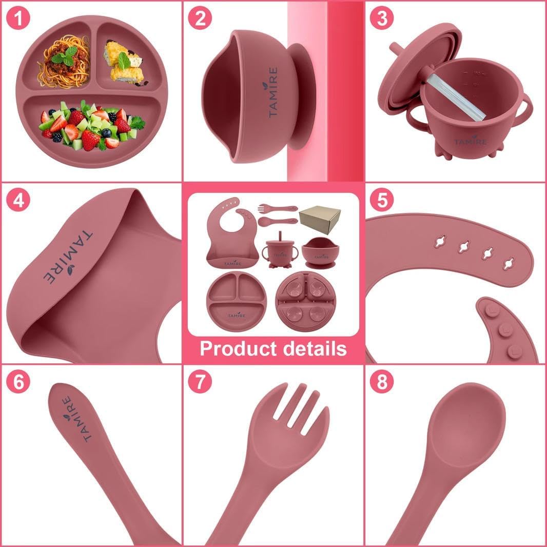 Baby Silicone Feeding Set, 6-Piece Toddler Self Feeding Set with Suction Plate, Bowl, Bib, Sippy Cup, Spoon and Fork, BPA Free (Pink)