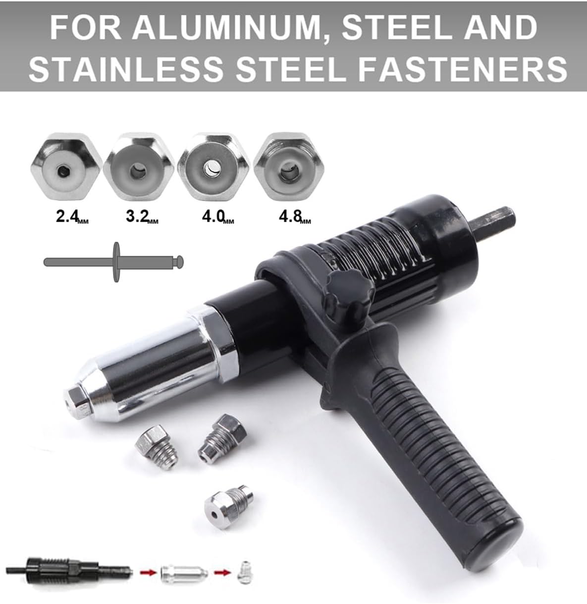 Electric Rivet Nut Drill Adapter, 2026 Professional Electric Rivet Gun Adapter Kit for Power Drill with 3/32" 1/8" 5/32" 3/16" Nosepieces, Heavy Duty Alloy Steel Riveting Tool for Automotive (Red)