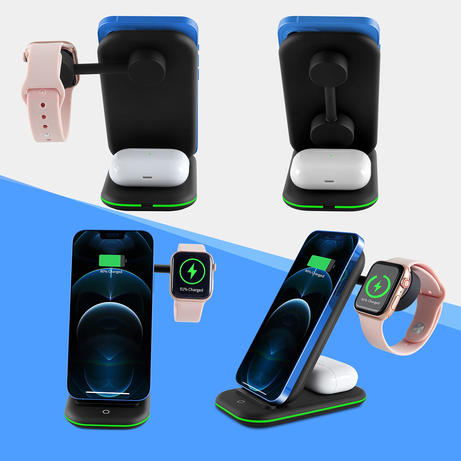 Wireless Charger, 3 in 1 Wireless Charging Stand for iPhone 14/13/12/11/Pro/Pro Max/XR/Xs Max, iWatch Series, Airpods-Black