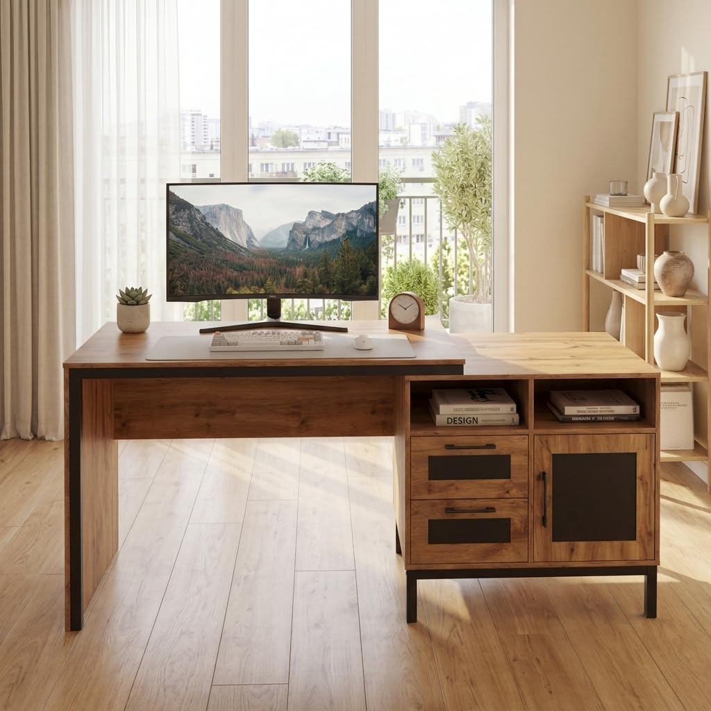 Giantex Escritorio de Ordenador con Cubos de Almacenamiento y Cajones | 2 Cajones, 2 Compartimentos Abiertos y Armario, Mesa de Oficina para Hogar, Estudio, 181 × 60 × 76 cm