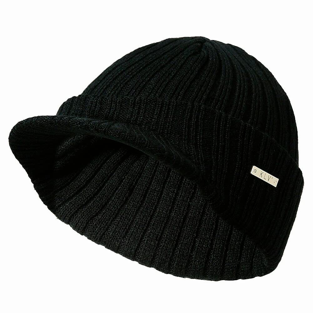 Ausuky Men's Black Winter Warm Knit Hat Visor Brim Peaked Beanie Ski Hat Cap Baseball Cap Skull Hat (Black)