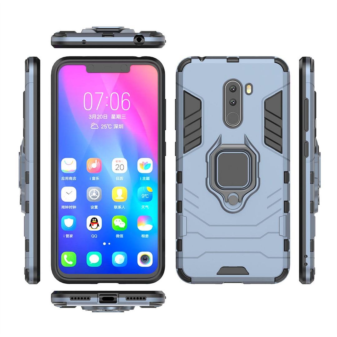 SATURCASE Custodia Antiurto Per Xiaomi Pocophone F1 - Doppio Strato PC E Silicone Con Anello Metallico A Cavalletto E Supporto Magnetico, Nero
