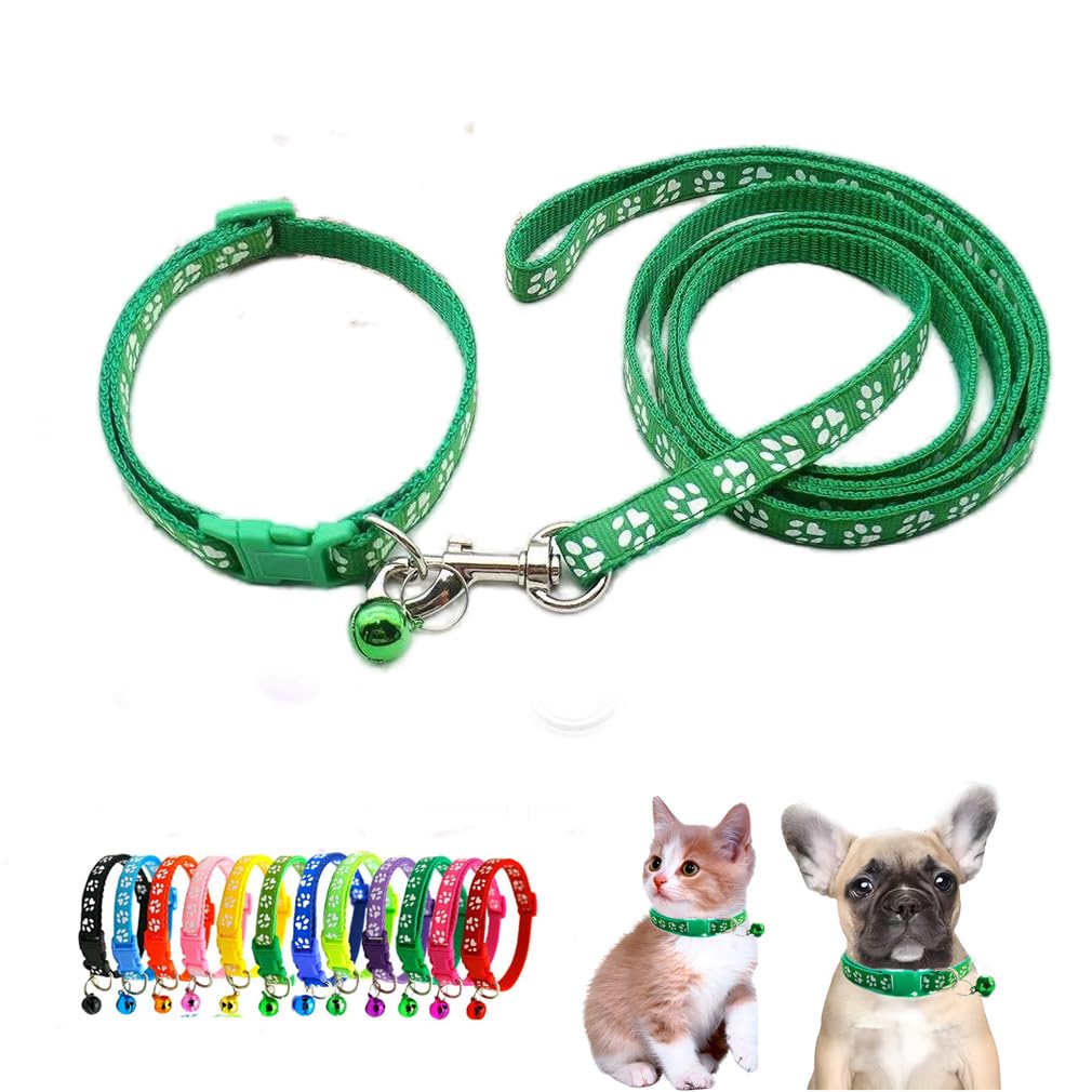 Dog Collar Puppy with Bell Leash Set,Nylon Basic Reflective Paw Print Cat Collars Boy For XXS Xs Small Pet Animal Litter Tiny Kitten,Dark Green