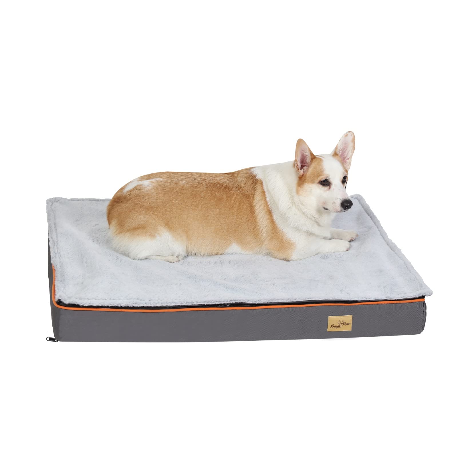 BingoPaw Memory Foam Dog Bed, Large Grey Orthopaedic Dog Bed with Orange Trim Washable and Water Resistant L (95x70cm)