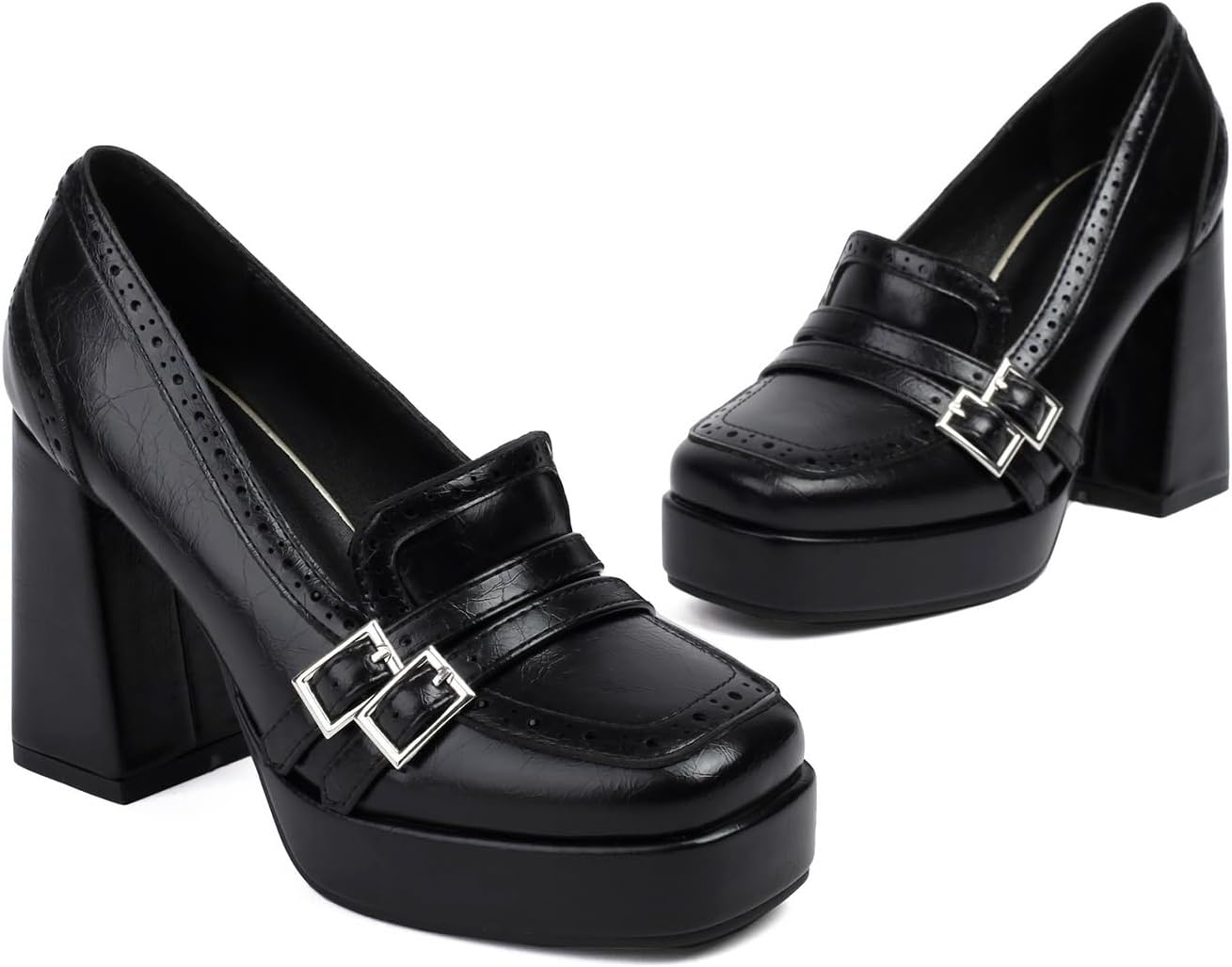 Women's Leather Buckle Chunky High Heel Loafers Pumps Fashion Closed Round Toe Slip On Platform Block Heel Pumps Comfort Office Work Dressy Shoe - Image 4
