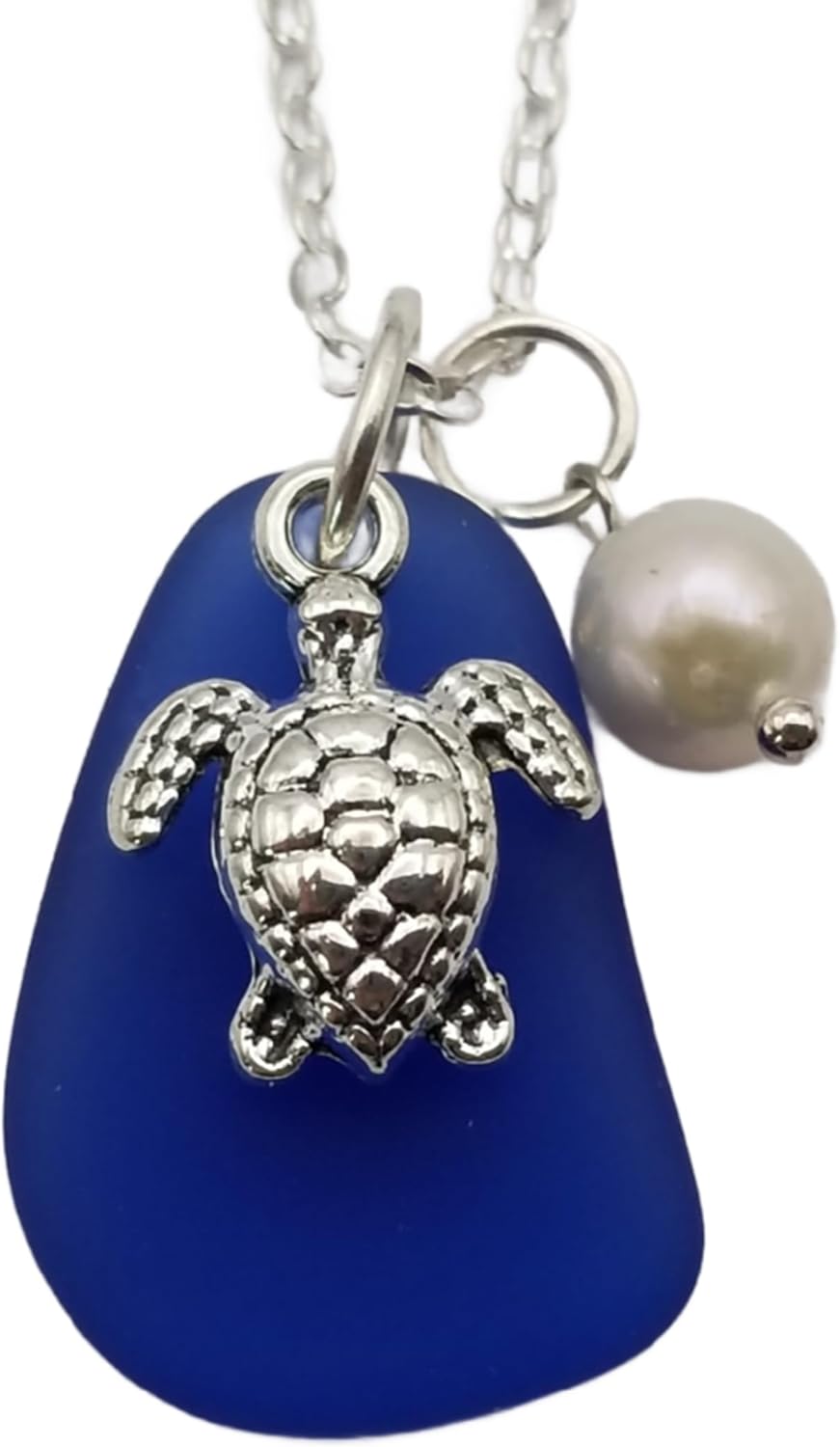 yinahawaii Handmade cobalt sea glass necklace, September Birthstone, sea turtle charm, Natural pearl, (Hawaii Gift Wrapped, Customizable Gift Message)