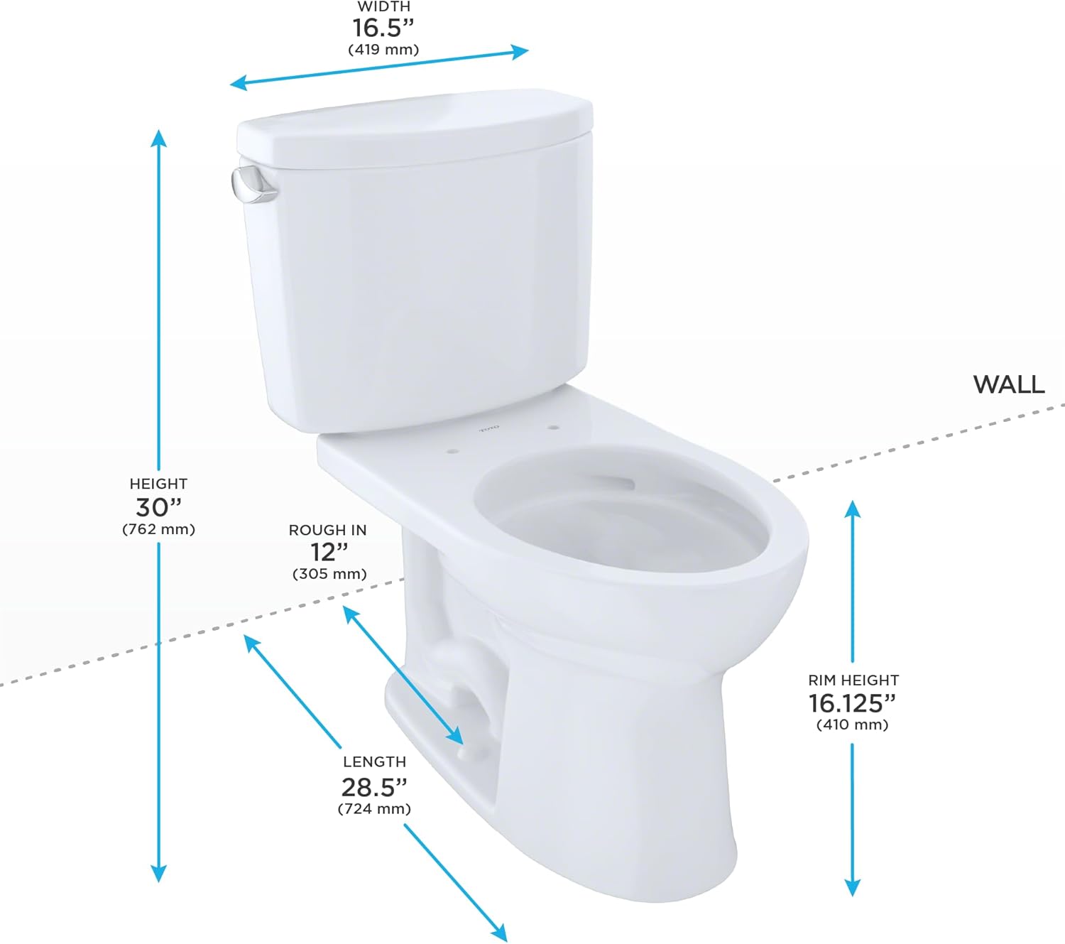 Diagram showing dimensions of the TOTO Drake II toilet