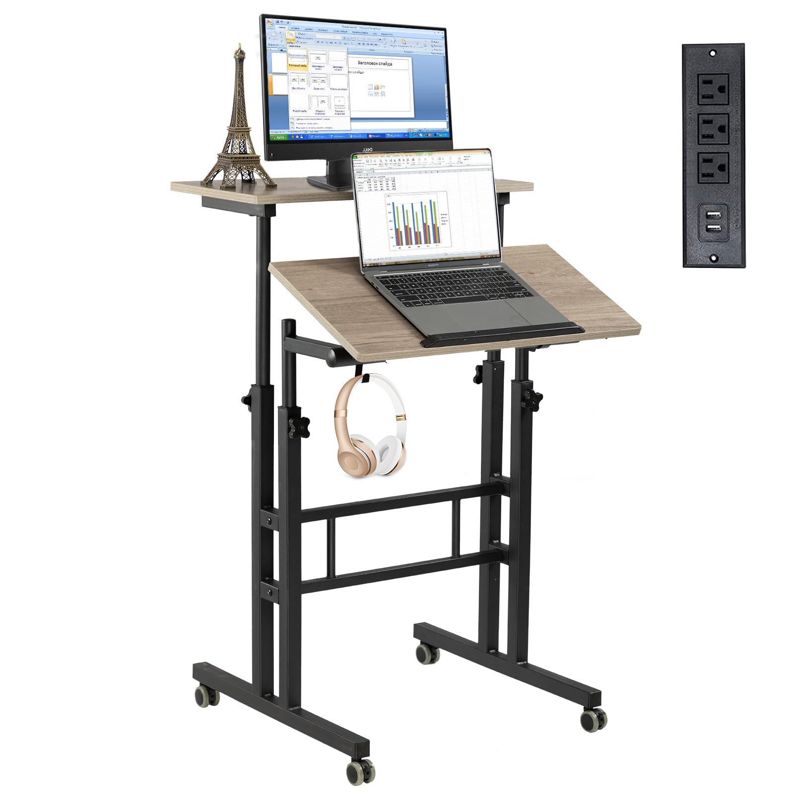 Hadulcet Mobile Standing Desk with Charging Station, Adjustable Standing Computer Desk, Standing Adjustable Laptop Cart with Wheels for Home Office