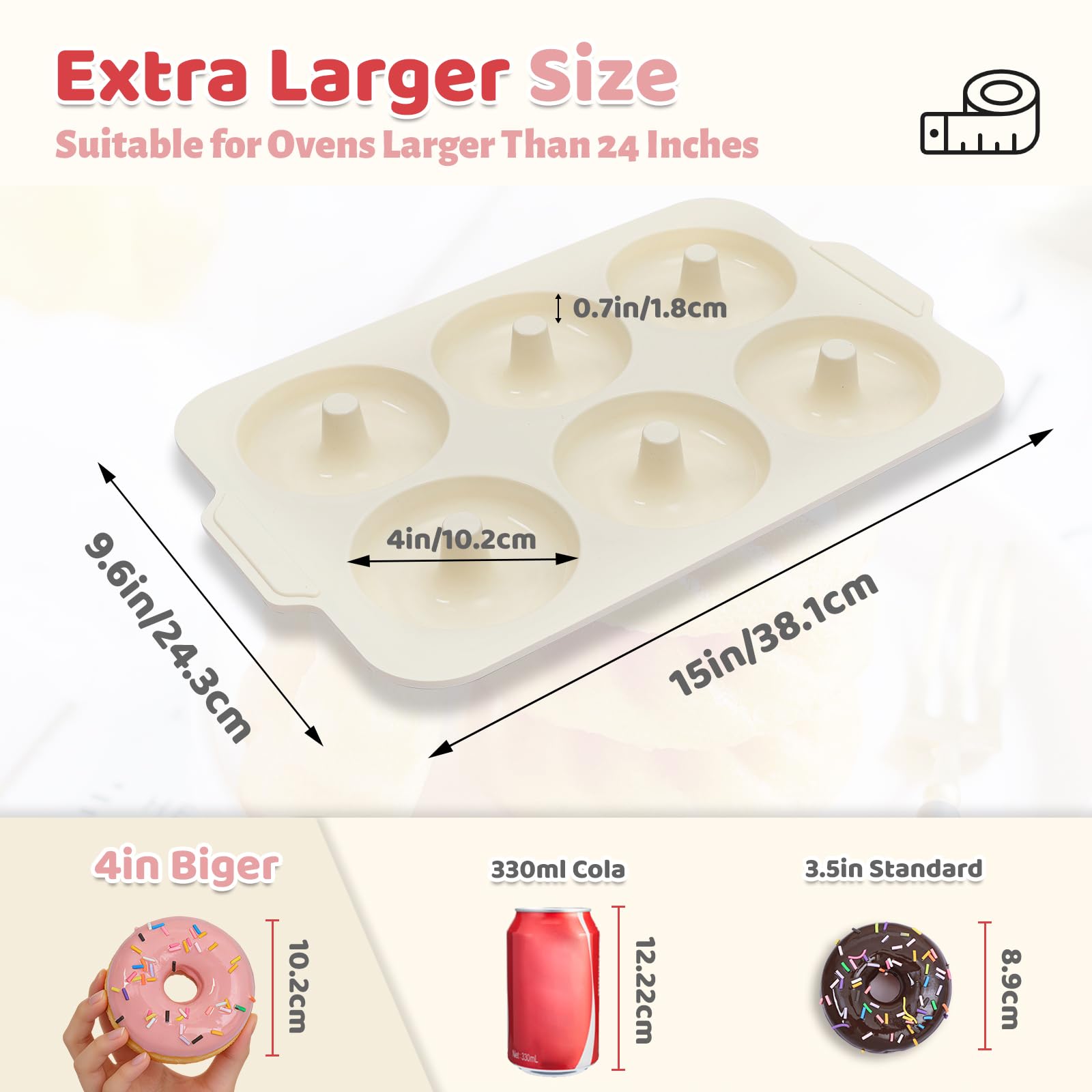 Molde para donuts de silicona 2-piezas: molde para donuts 10,2 cm | 6 cavidades y marco metálico para hornear bagels sin azúcar. Accesorio de cocina antiadherente para hornear (rosa y beige)