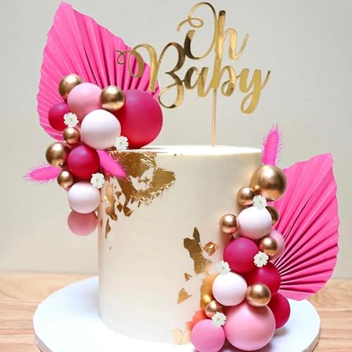 Miniatura 5 de Decoración de pastel de flores, bolas de hojas de palma doradas, decoración de pasteles para baby shower, fiesta de cumpleaños (rosa intenso)