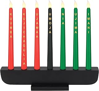 Kwanzaa Kinara Set Include 7 Flameless Taper Candles and 1 Kinara Candle Holder,Wood Candlestick and Battery-Powered Taper Candles with Words for Kwanzaa Table Centerpiece Church Celebration Decor