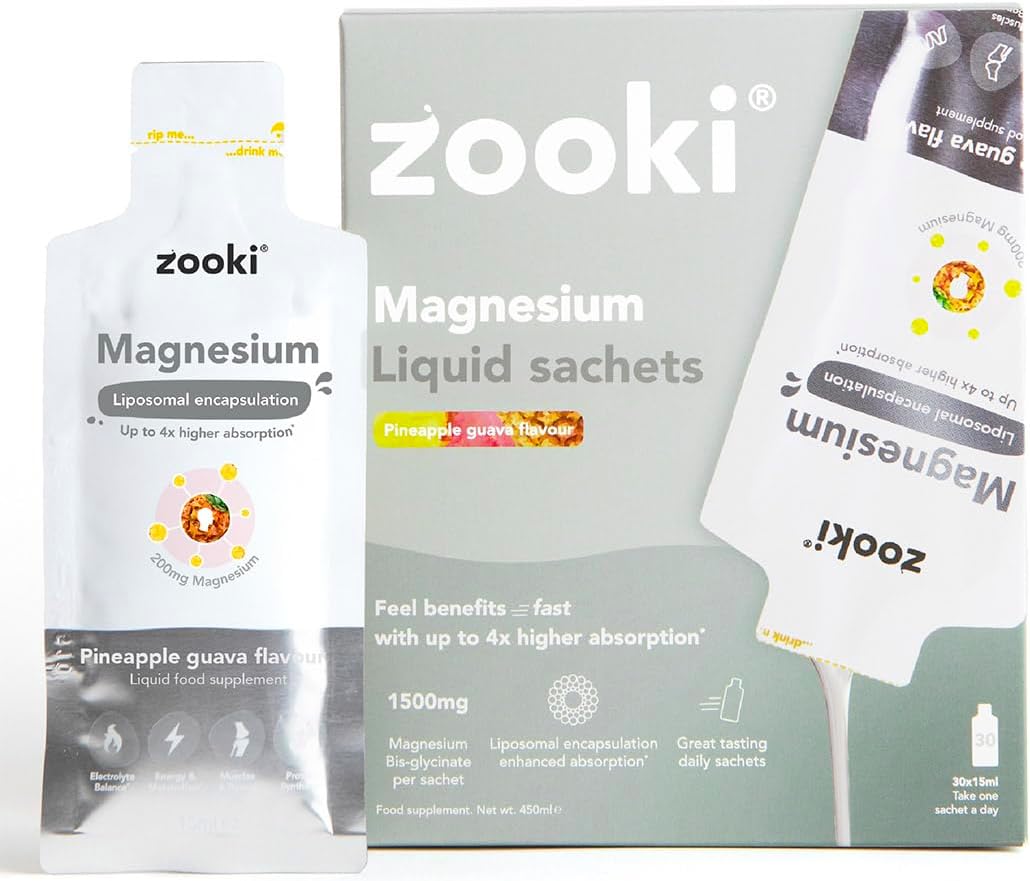 Zooki Liposomal Magnesium Glycinate 1500mg Liquid โ 4X Higher Absorption โ Great Taste, Sugar Free, Vegan โ Alternative to High Strength Magnesium Tablets โ Sleep, Stress, Muscle Cramps (30 Servings)