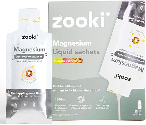 Zooki Líquido de glicinato de magnesio liposomal de 1500 mg  4 veces mayor absorción  gran sabor, sin azúcar, vegano  alternativa a las tabletas de