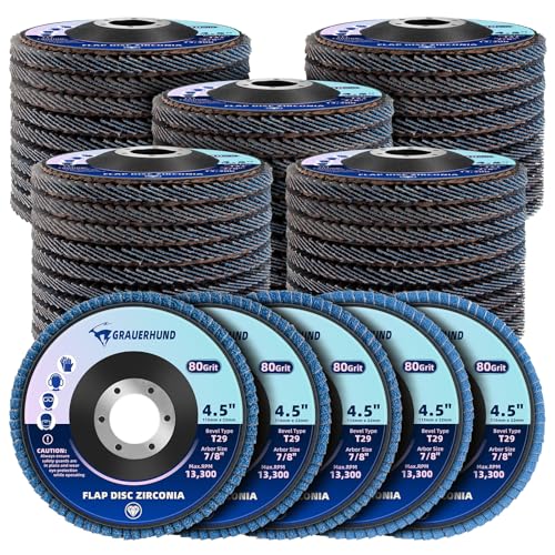 50 Pack Flap Discs 80 Grit 4 1/2" x 7/8" for Angle Grinder, T29 Flap Sanding Discs, 4 1/2 Inch Grinding Wheels, Zirconia Grinding Discs for Metal, Wood, and Stainless Steel Finishing