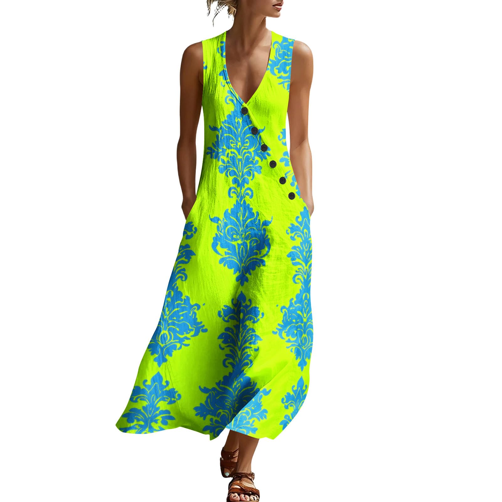 Sommerkleid Damen Leicht und Luftig Strandkleid Lang Baumwolle Freizeitkleid Elegant V-Ausschnitt Ärmellos Partykleid Casual Einfarbig Sommerkleider Luftige Trägerkleid Maxikleid Sommer Mit Taschen
