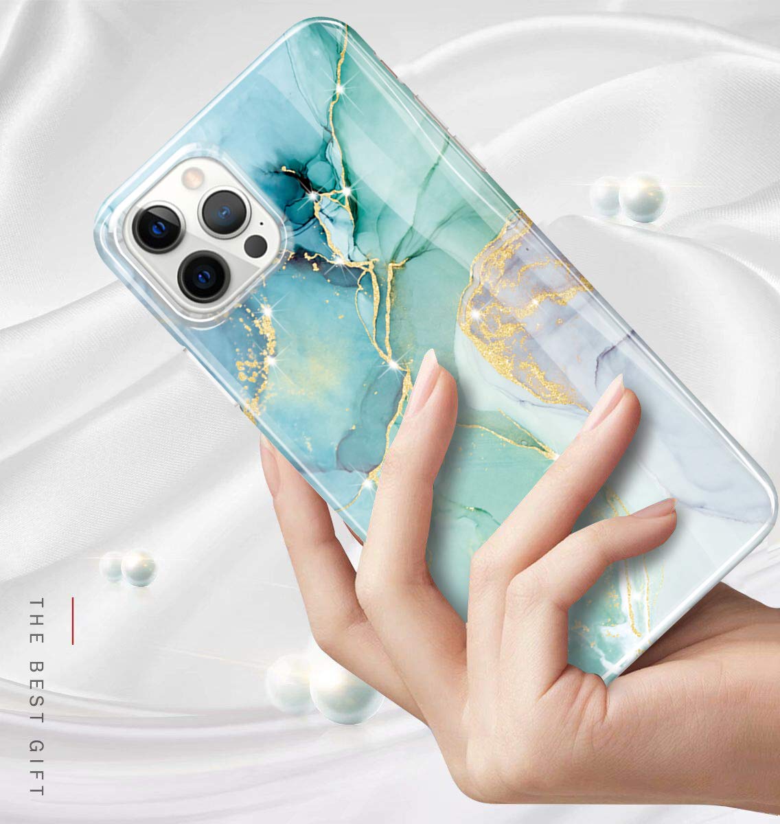 Luolnh Gold Glitter Sparkle Case Compatible With IPhone 13 Case Marble Design Shockproof Slim Soft Silicone TPU Bumper Cover Phone Case For IPhone 13 6.1 Inch 2021(White&Dark Blue - View #10
