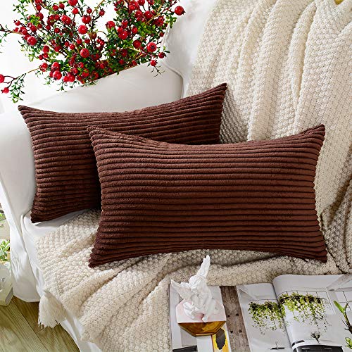 MERNETTE Pack of 2, Corduroy Soft Decorative Rectangle Throw Pillow Cover Cushion Covers Pillowcase, Home Decor Decorations for Sofa Couch Bed Chair 12x20 Inch/30x50 cm (Striped Dark Brown)