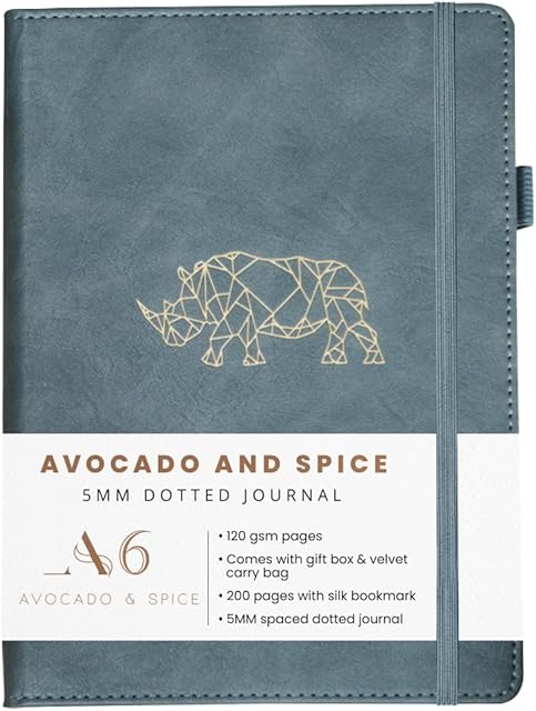 Pocket Notebook Bullet Dots A6 Notepad by Avocado and Spice® - A6 Mini Notebook Dotted Journal- Dotted Notebook Daily Planner - Faux Leather A6 Notebook Gift Box & Velvet Bag 200 Pages (Grey, Dotted)