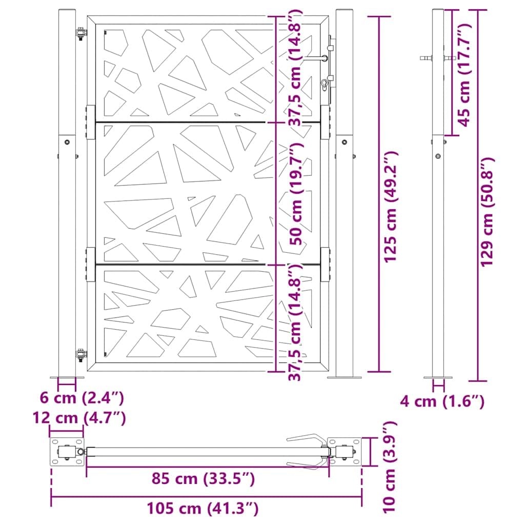 vidaXL Cancello da giardino 100x125 cm in acciaio corten design leggero