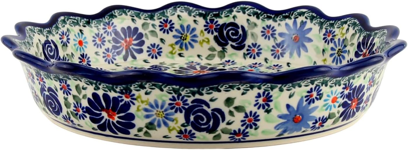 Polish Pottery Market Pie Dish/Quiche 9” Handcrafted by Zaklady Boleslawiec Poland, Ceramic Pie Plate with Ruffled Edge, Non-Stick Round Fluted Pie Dish, Tart Pan
