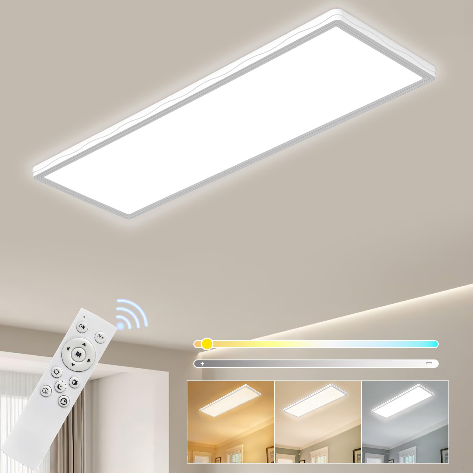 Bowfar LED Deckenleuchte, Leuchten Deckenlampe Rechteckig mit Fernbedienung Dimmbar 3000K-6500K, LED Panel Ultra Flach 24W mit Backlight für Wohnzimmer Schlafzimmer Büro Badezimmer, 58 * 2.5cm-Weiß