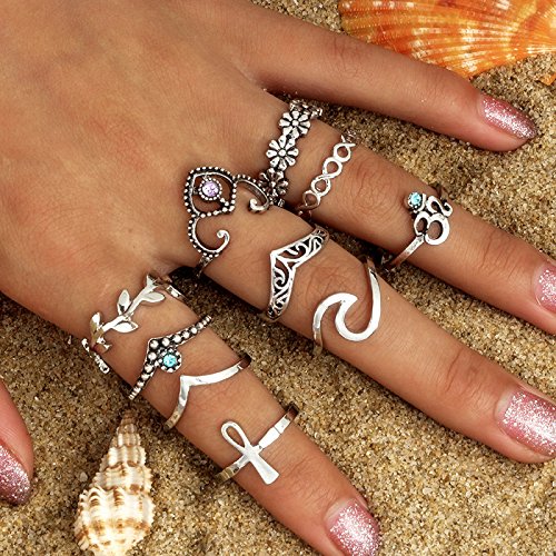 Zealmer Wave Ring Set Statement Crown V Chevron Yoga OM Flower Lotus Sunflower Midi Knuckle Rings