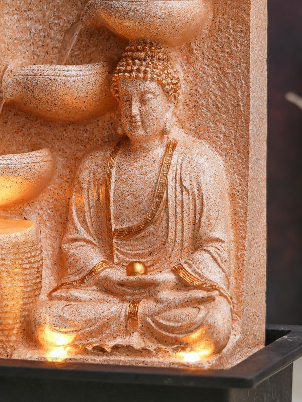 Image of Polyresin Sand Meditating Buddha Tabletop Indoor 4 Diya Steps Water Fountain for Home Decor with Yellow LED Light & Speed Controller Pump (Size: 40 x 29.5 x 22CM | Wt: 2685grm)