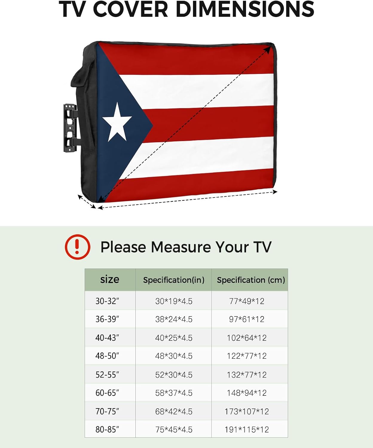 4th of July Outdoor TV Cover 85 Inch Puerto Rico Flag TV Enclosure Independence Day Star Red Stripes Blue Patriot TV Covers for Outside Holiday TV Display Screen Protector with Remote Control Pocket