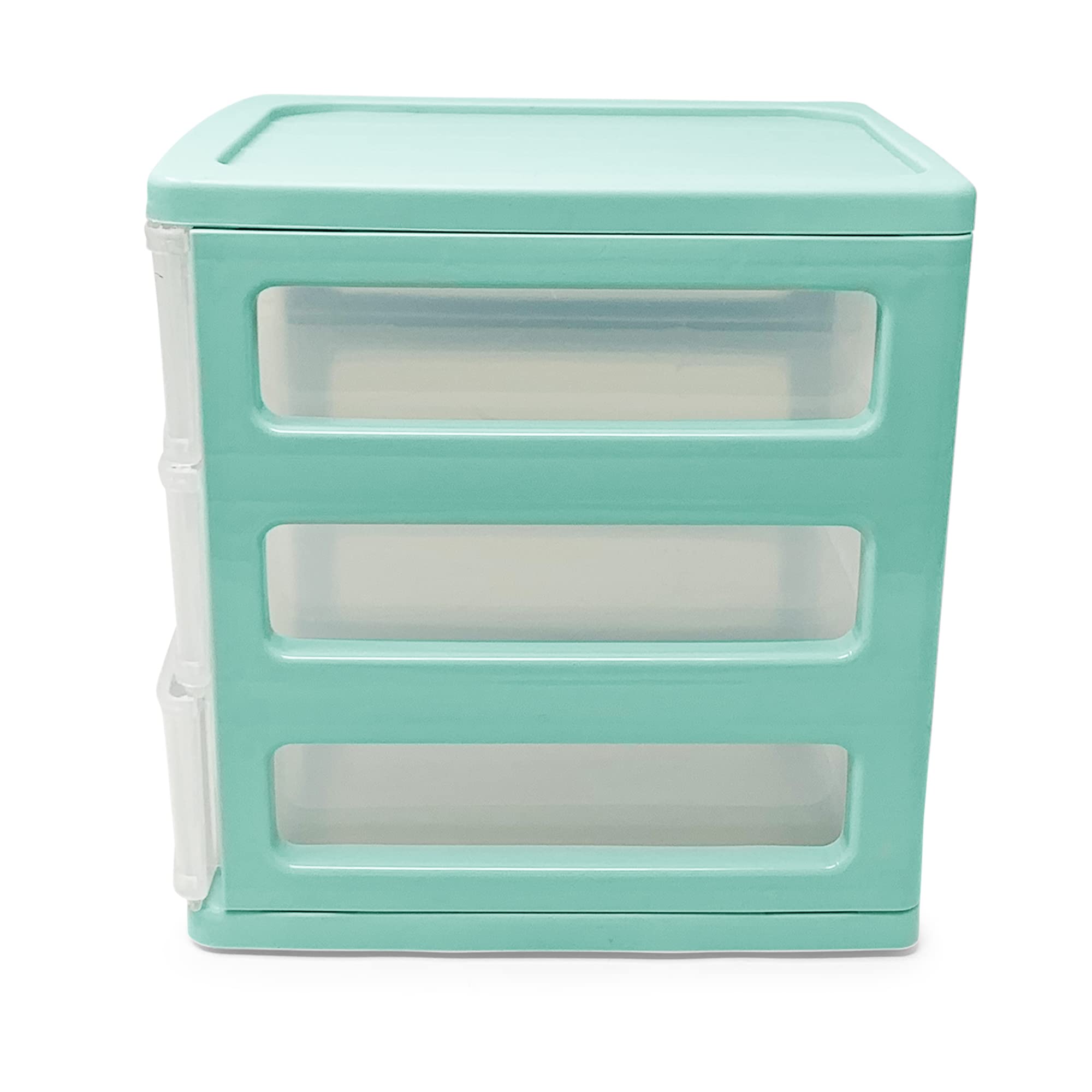Plastic Desktop Storage Unit with Drawers, Stationary Arts Drawer Desktop Tabletop Organiser Storage Tower Unit for Office Bedroom Garage ((17 x 13.5 x 17cm, Mint Green with 3 Clear Drawers)) — view 9