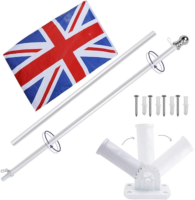 display4top 6ft Aluminium Flag Pole Kit With Adjustable 180 Degree Wall Bracket + 1PC Flag (British flag)