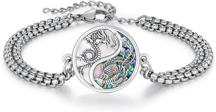 CUOKA MIRACLE Dragon and Phoenix Bracelet S925 Sterling Silver Yin Yang Couple Bracelet Animal Pendant Jewelry Valentines Day Gift for Lover