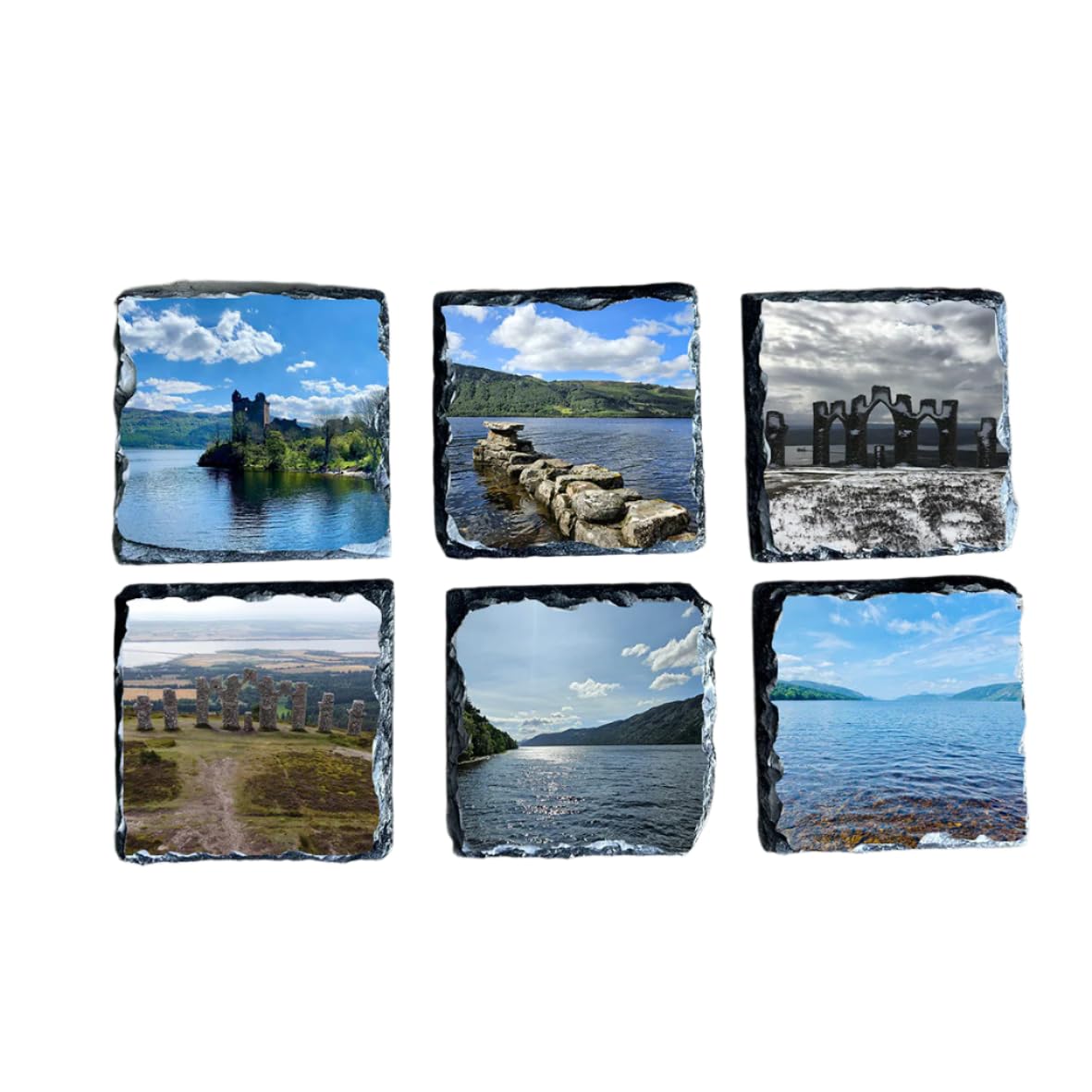 Nessie's Treasure Black Multi-Coloured Personalised, Custom Made Photo Slate Coaster Set Of Four Or Six. Your Images Printed On Slate Coasters. (6)