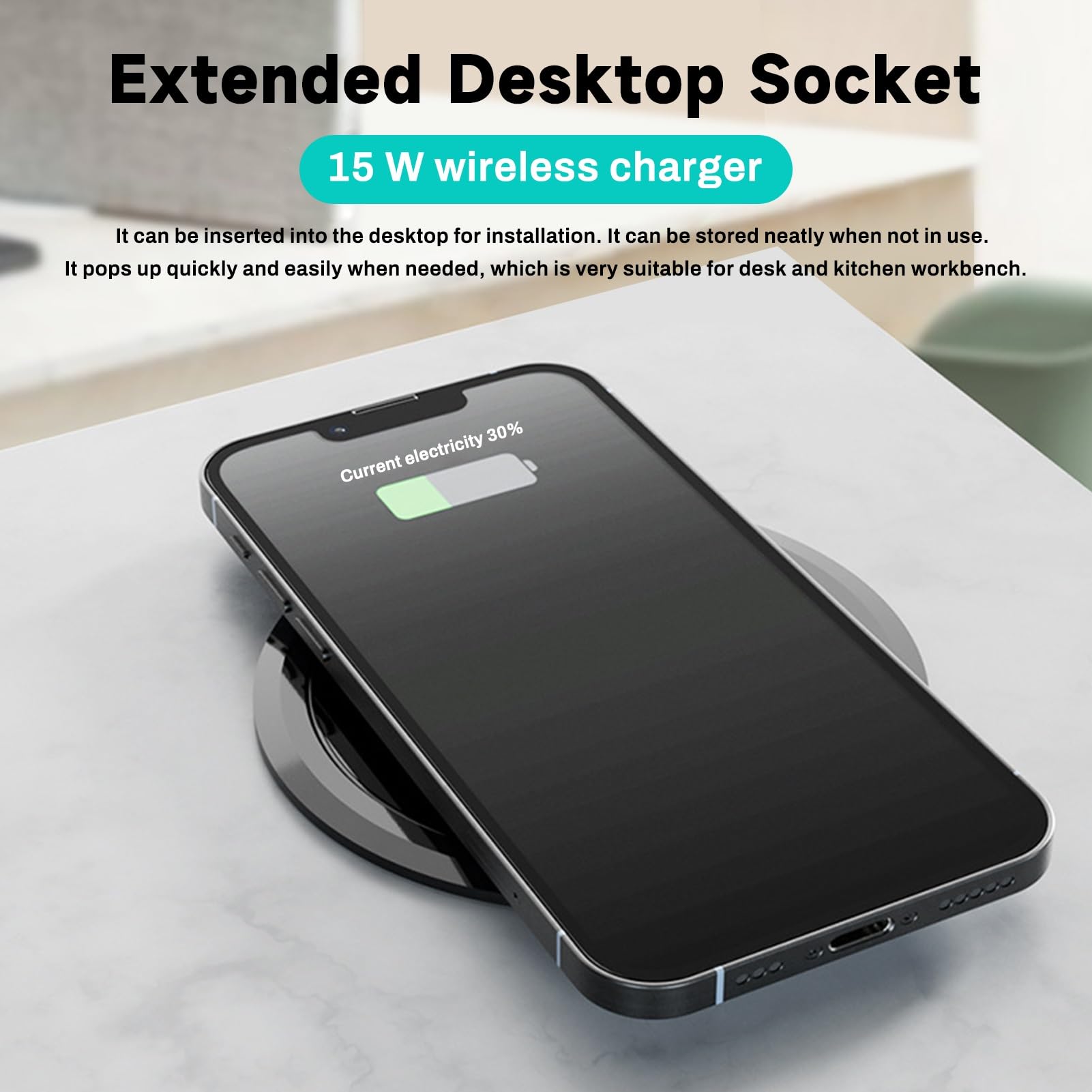 DEWIN Multipresa a Scomparsa,2500W 16A Presa a Scomparsa 3 Scomparti con 1 USB C e USB A,Torretta Multipresa a Scomparsa con Ricarica Wireless da 15W,Cavo da 1,5M per Ufficio, Lavoro e Cucina(EU)
