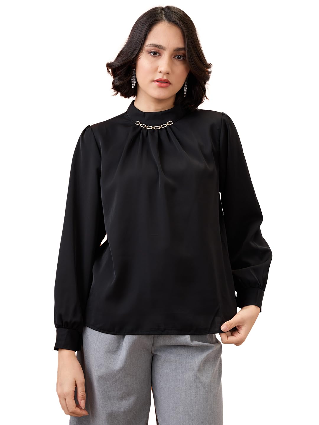 Women Gold Chain Detail High Neck Cuffed Sleeves Pleated Workwear Top