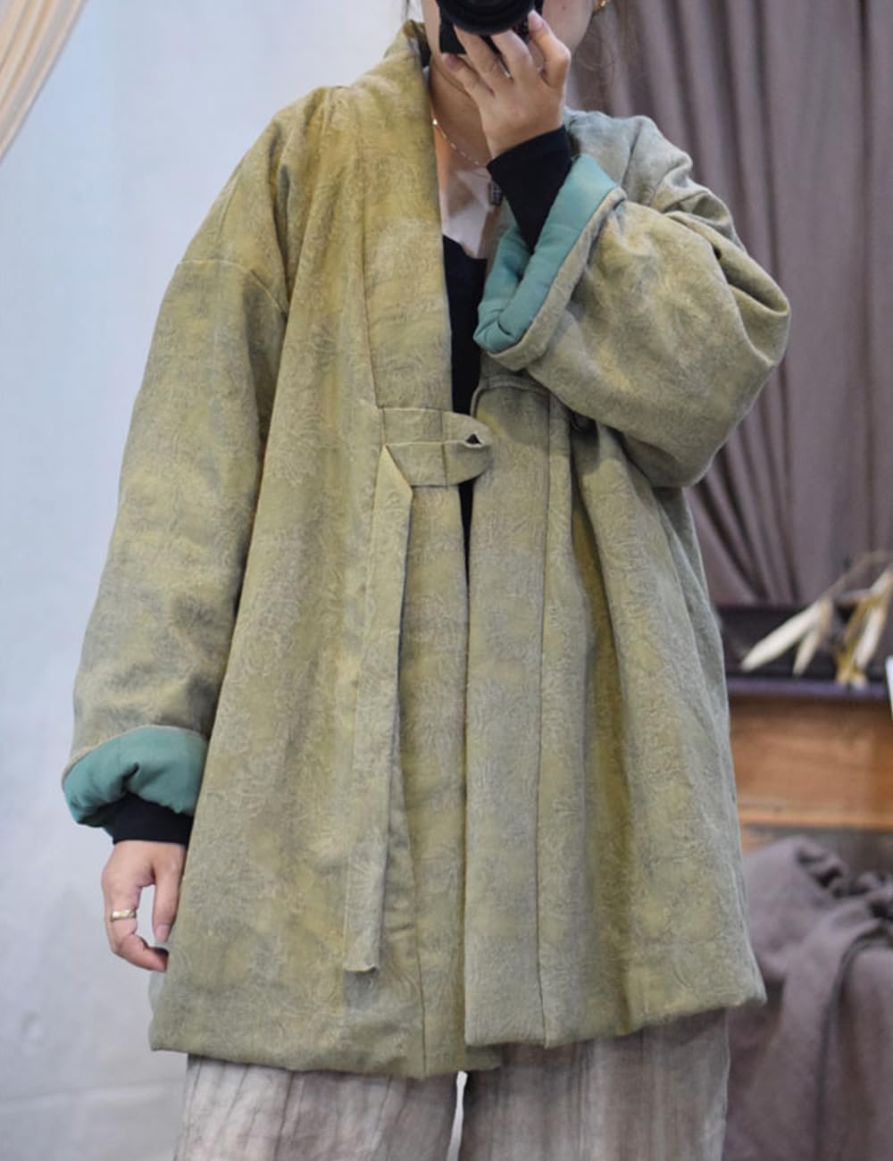 NFYM Women's Quilted Jacket Cardigan Jacquard Cotton Linen Long Sleeve Open Front Hanfu Style Padded Quilted Coats