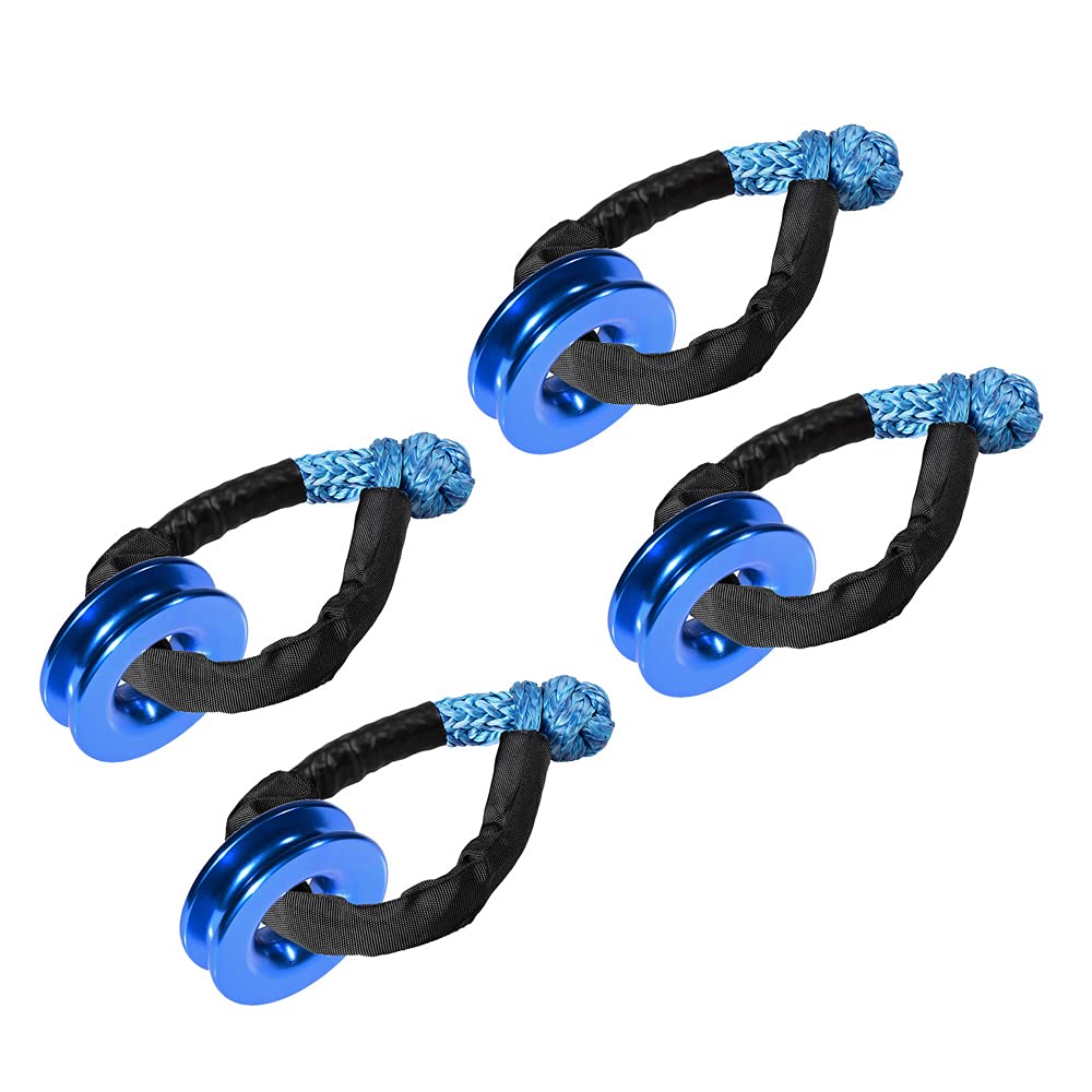 Anzios Fit ATV UTV SUV Towing Trailer 3/8 inch 1/2 inch Winch Ropes 4X Blue Synthetic Soft Shackle Rope 38000lbs Breaking Strength Protective Sleeve + 4X Snatch Aluminum Recovery Ring 41000lbs