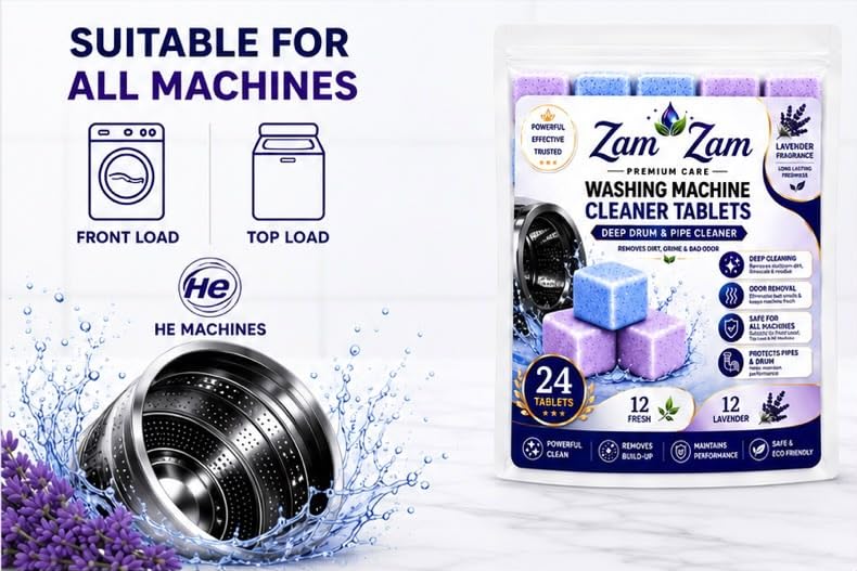 Image of Washing Machine Cleaner 24 Tablet | 12 Fresh Flavour + 12 Lavender Flavour | - Descaler for Washing Machine Front Load & Top Load | Remove Limescale & Soap Scum, Tough Grime