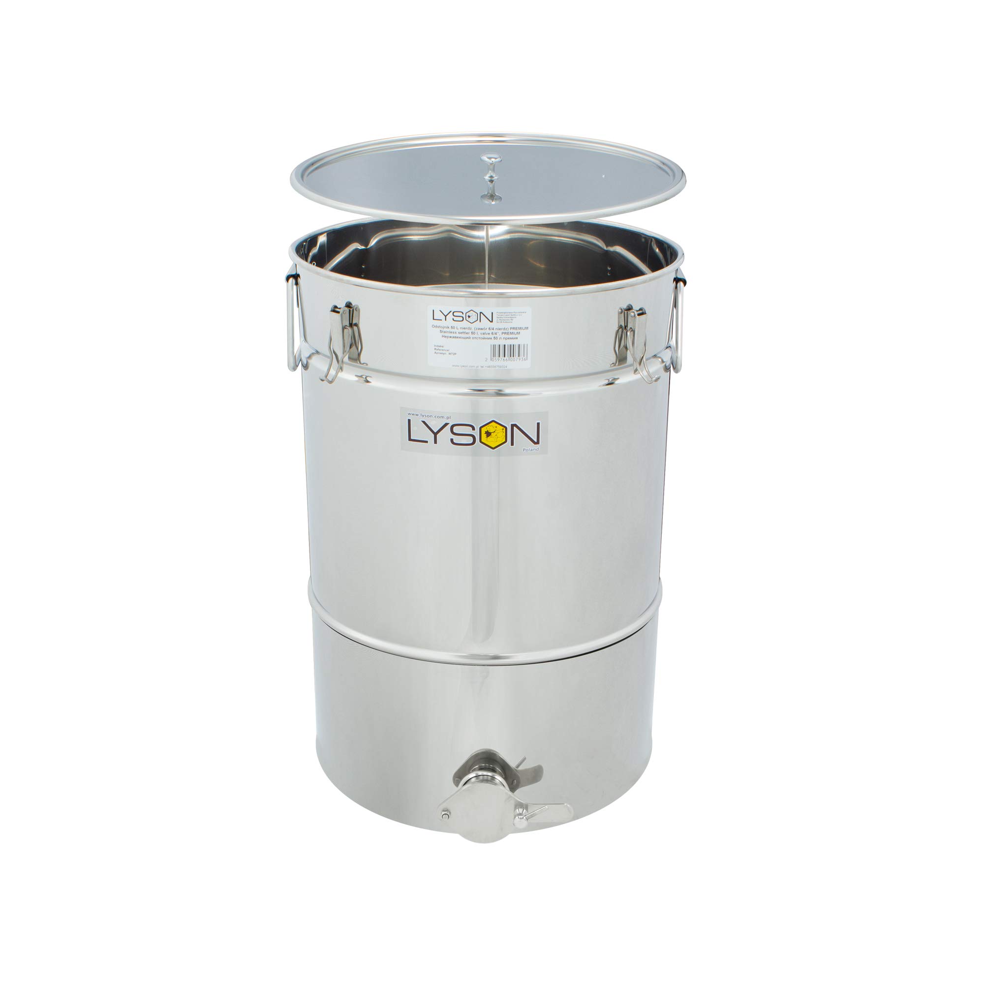 LYSON Honigabfüller Honigeimer Abfüllkübel Abfüllbehälter 50l (ca. 70 kg) für Honig mit konischem Boden Abdeckung Dichtung und Klammern aus Edelstahl TYPE (304)