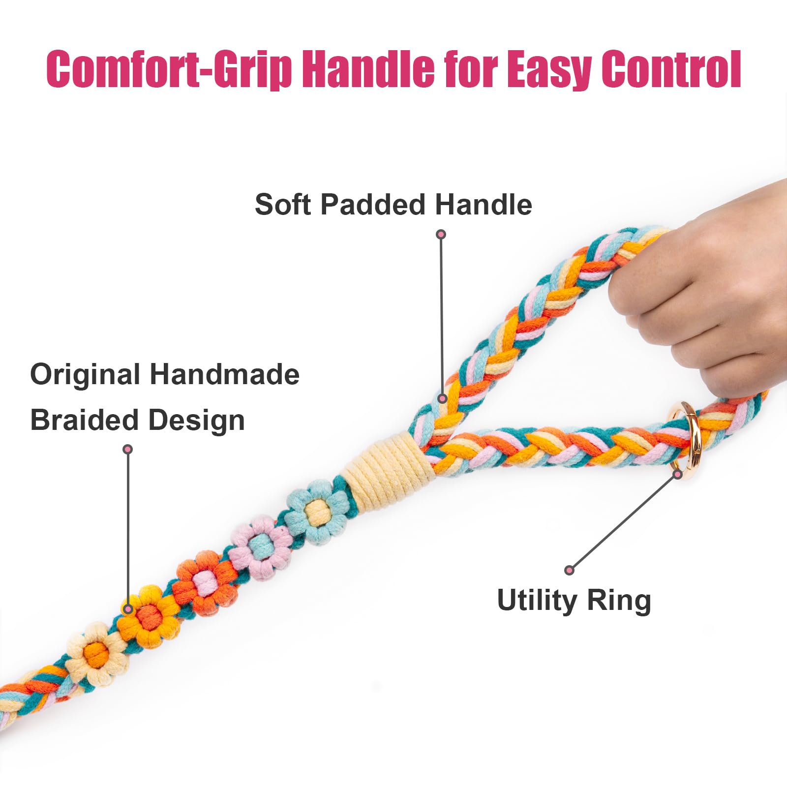 Correa de algodón Trenzado Hecha a Mano de 5 pies con Mango Floral único, Duradera y Elegante, Ideal para Perros pequeños a Grandes, Mezcla de arcoíris