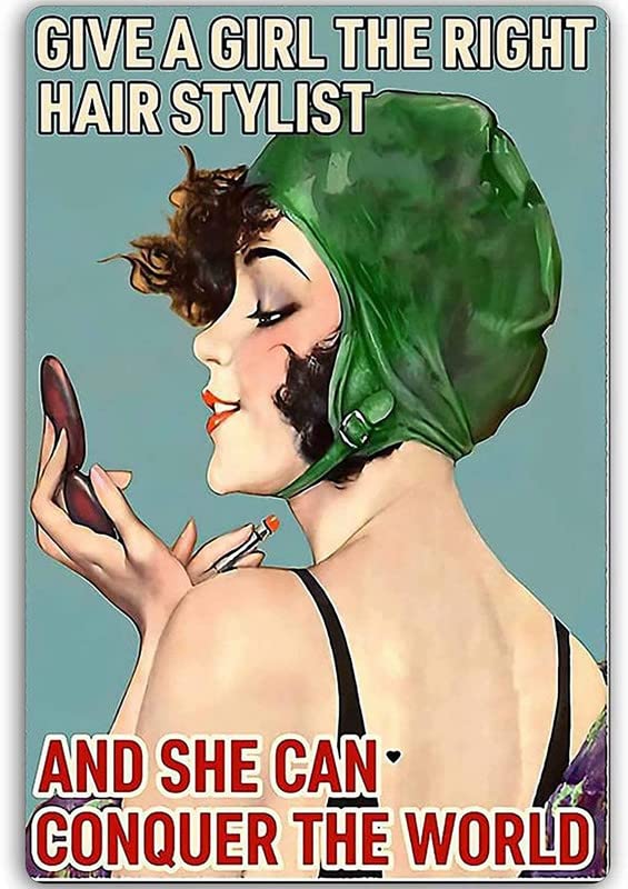 RIFOSA 6"x8" Vintage Wall Decor Tin Sign Gime A Girl The Right Hair Stylist And She Can Conquer The World Barber Shop Hair Salon Art Metal Decor