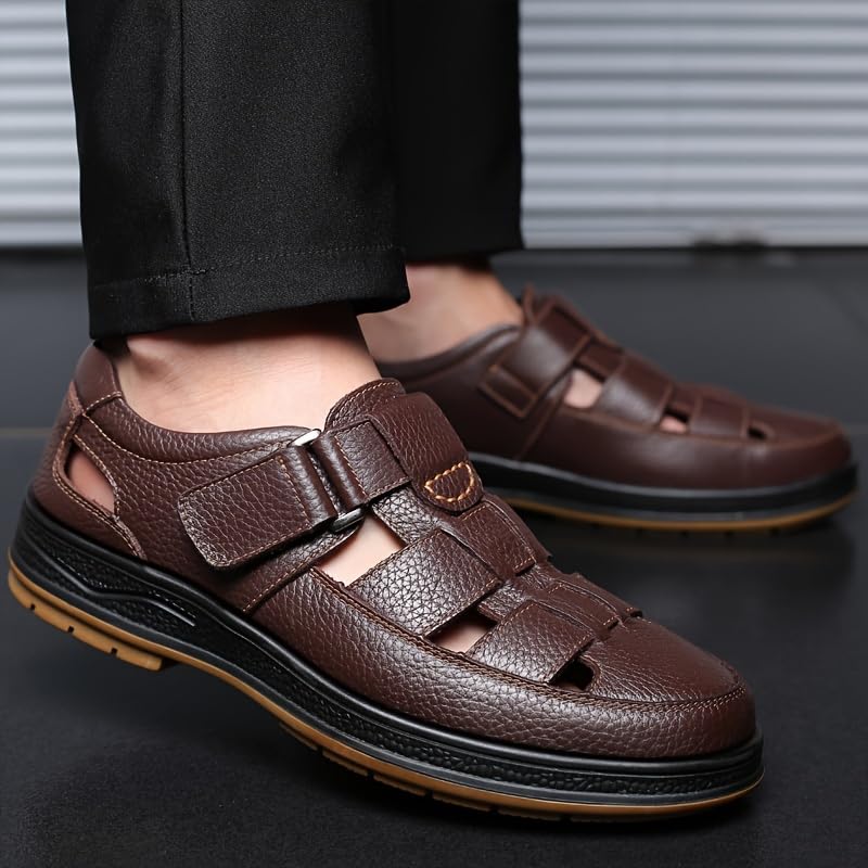 Men's Solid Color Vintage Top Grained Cowhide Leather Upper Sticky Toe Sandals,Comfortable Non-Slip Hook & Loop Fastener Beach Water Shoes3