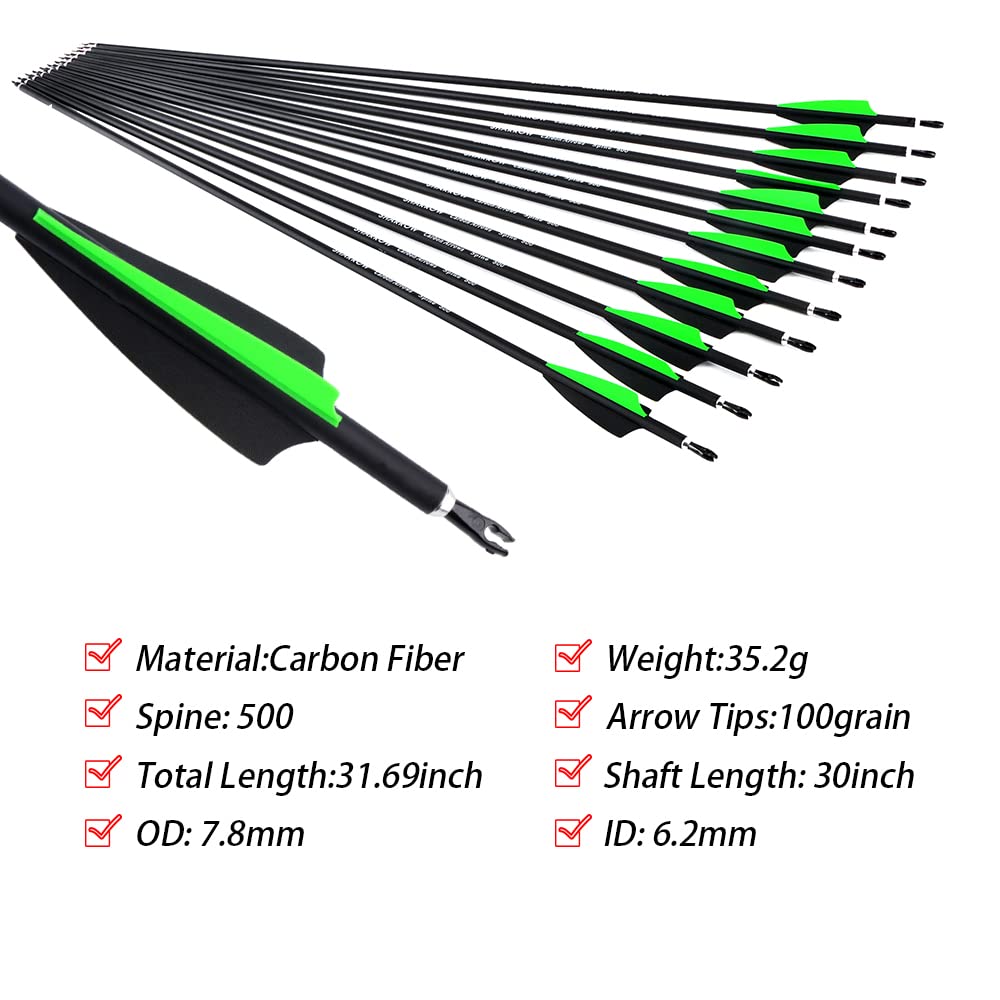 12pcs 30 Pollici Frecce in Carbonio 500 Spine Frecce da Caccia con Punte Sostituibili per Arco Ricurvo Arco Composto Bersaglio Pratica tiro all'aperto