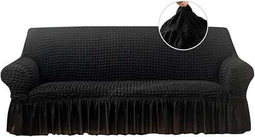 Qubjus Funda elástica para sofá, lavable, protector de muebles con parte inferior elástica y falda para niños y mascotas (negro, mediano)