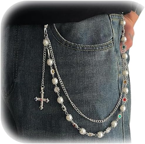 Rhinestone Waist Body Chain Jewelry Pearl Waist Belt Goth Cross Pendant Pants Chain Hip-Hop Jean Trouser Keychains Jewelry for Men Women