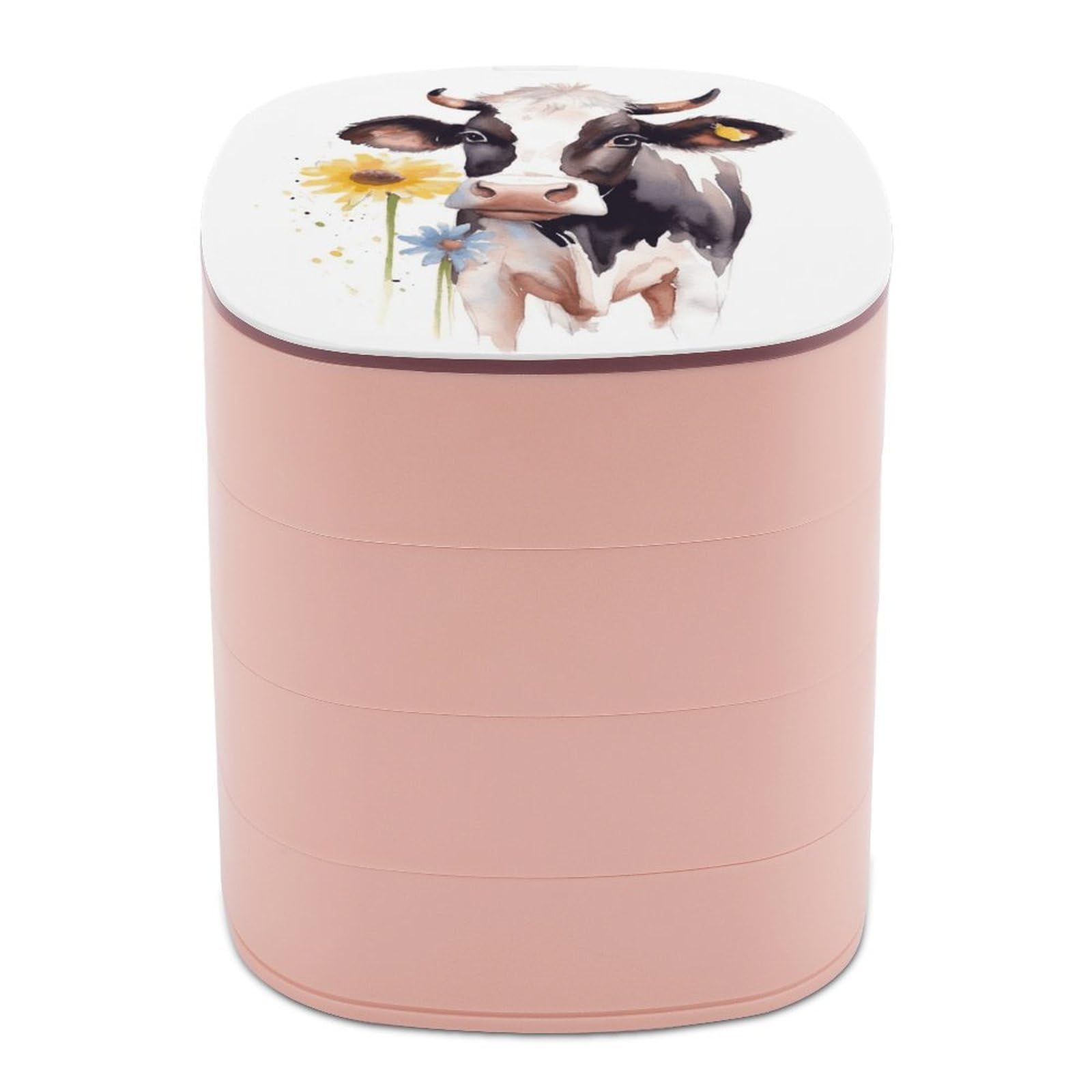 FekiLoot Watercolor Cow And Daisy Flower Jewelry Box 4-Layers Rotatable Jewelry Organizer Storage Box with Mirror Cute Travel Jewelry Case Portable Earring Holder Organizer for Ring Necklace Bracelet